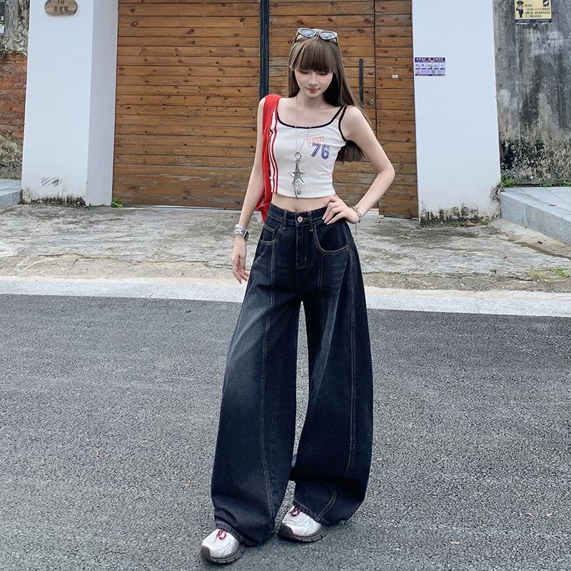 Women's 2025 Autumn/Winter High-Waisted Embroidery Wide-Leg Floor-Length Jeans