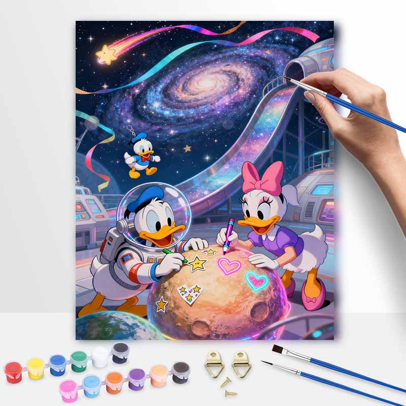 Disney oil painting handcolored painting Donald Duck Daisy Duck galaxy living room decoration hanging painting wall painting 20x30cm