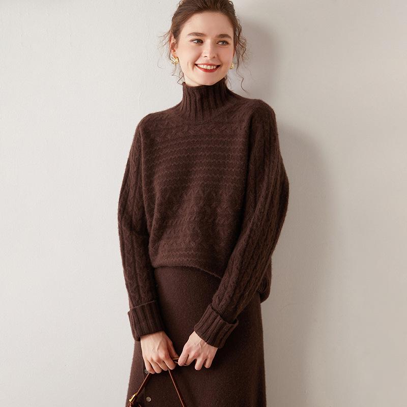 Women's Retro High-Neck Cable Knit Cashmere Sweater, Loose-Fit, Light Color, Pullover Style