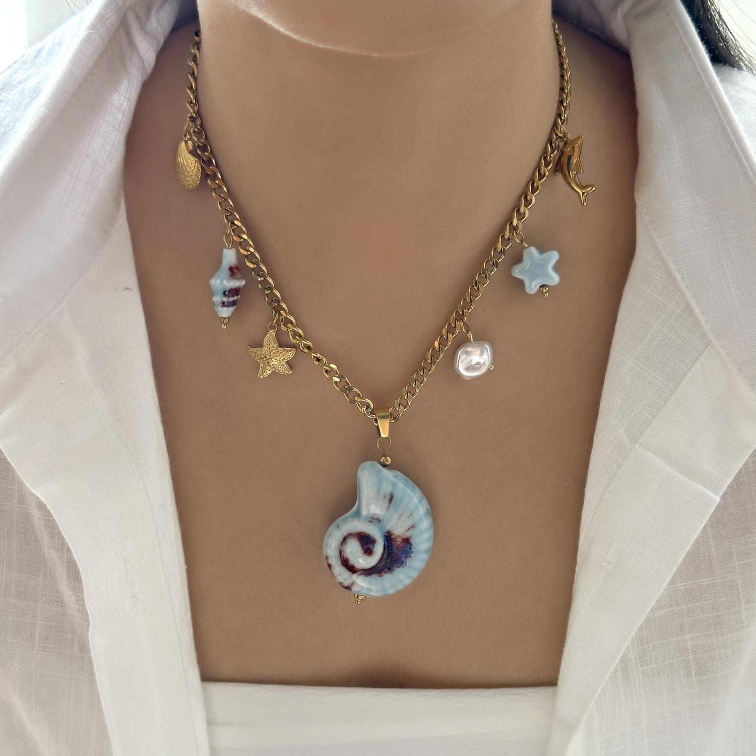 

Ocean series new personality exaggerated starfish shell decorative pendant stainless steel fashion necklace