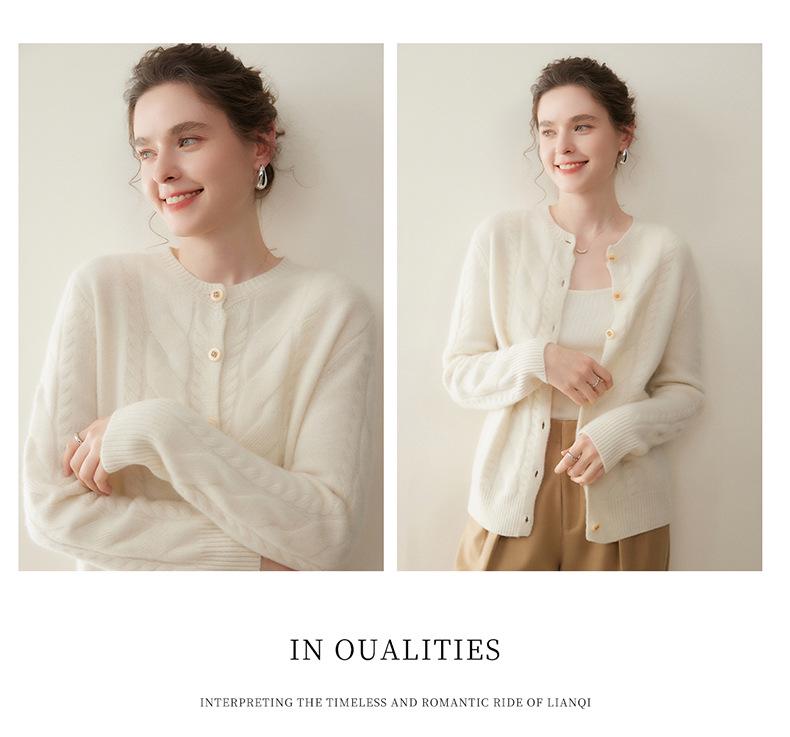 Women's Cable Knit Cashmere Cardigan - Thick, Round Neck, Single-Breasted, Slimming Fit for Autumn/Winter