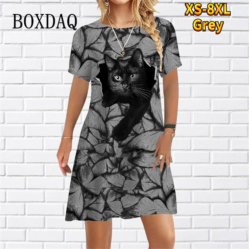 Funny Cute Cat Print Loose Dress For Womens Girls Casual Short Sleeve Cartoon Mini Dress Summer New Beach Party Sundress