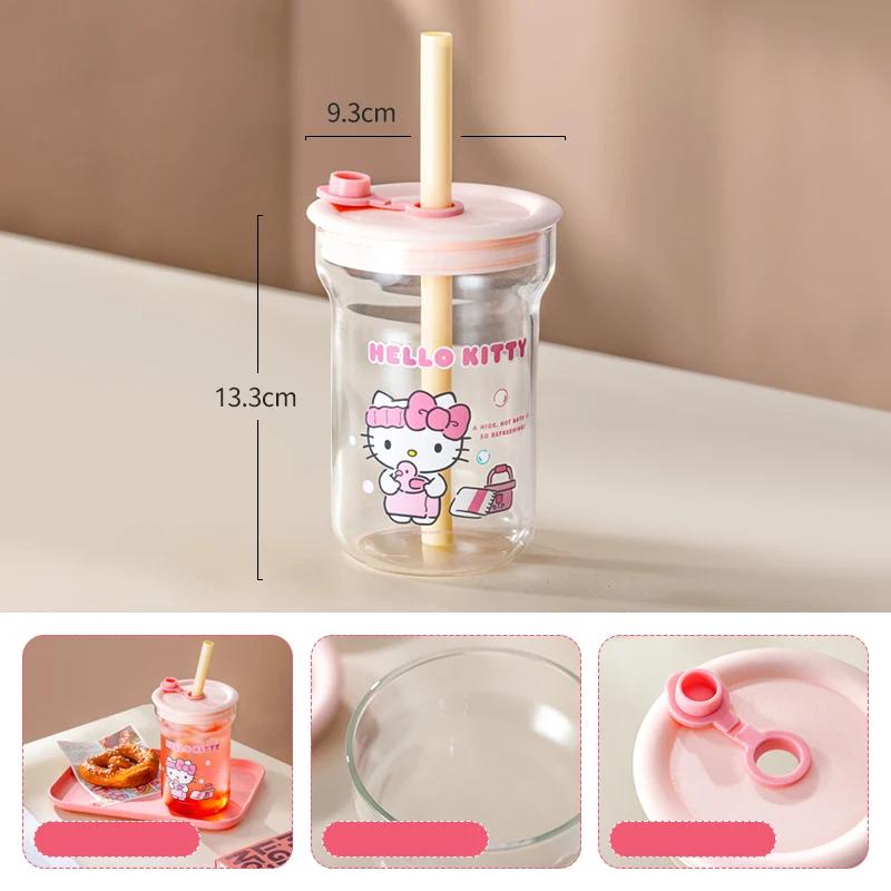 For Sanrio Collaboration Straw Cup High Borosilicate Glass Cup with Lid Cartoon HelloKitty Water Cup Home Juice Mup for Kids