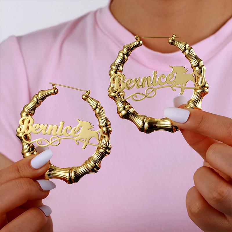 Stainless Steel Gold Plated Personalized Name Letter Big Large Earrings Customized Bamboo Name Hoop Earrings