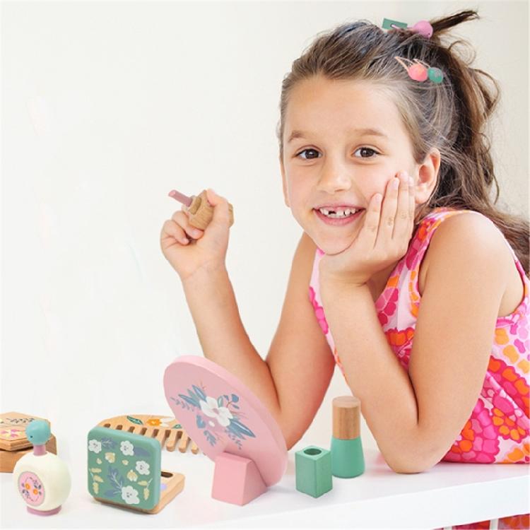 Kids Wooden Pretend Beauty Set 10Pieces Makeup Toy Set For Girls Age 3 4 5+ Includes Cosmetic Tools Mirror Creative Play Gift