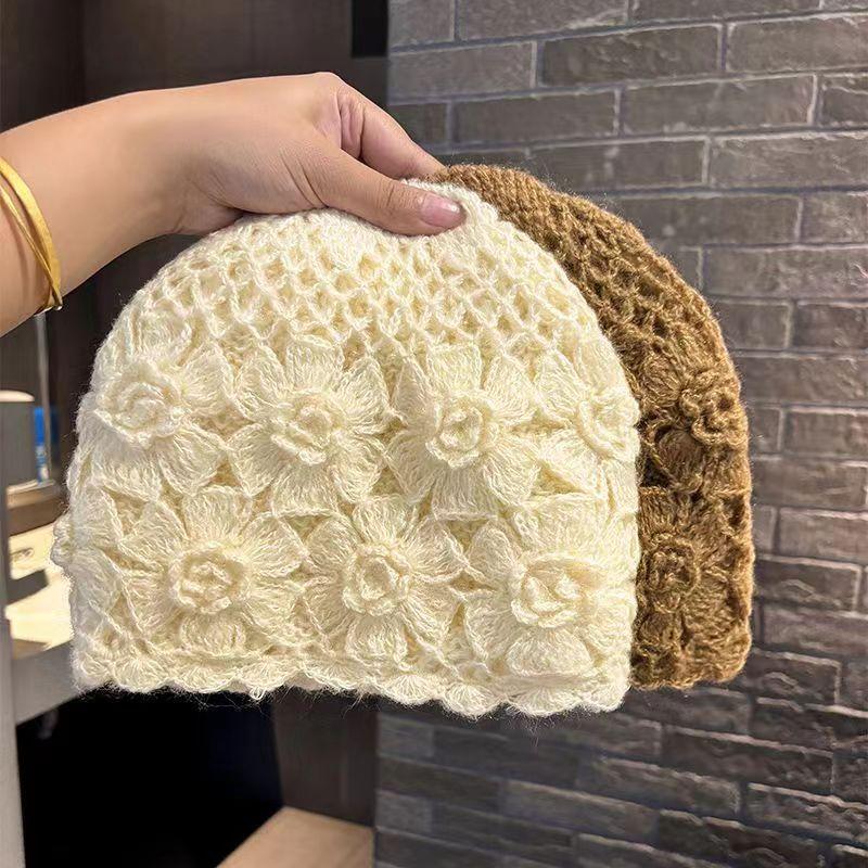 Double Layer Handmade Pullover Hook Flower Hat, Autumn and Winter Flower Knitted Yarn Hat, Warm Hollow Stacking Hat