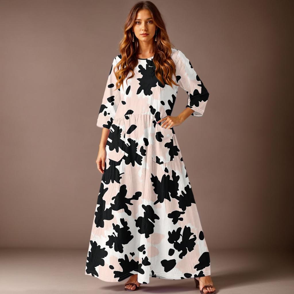 Damen Freizeitmode Blumenmuster Dreiviertelarm Langes Kleid mit Taschen