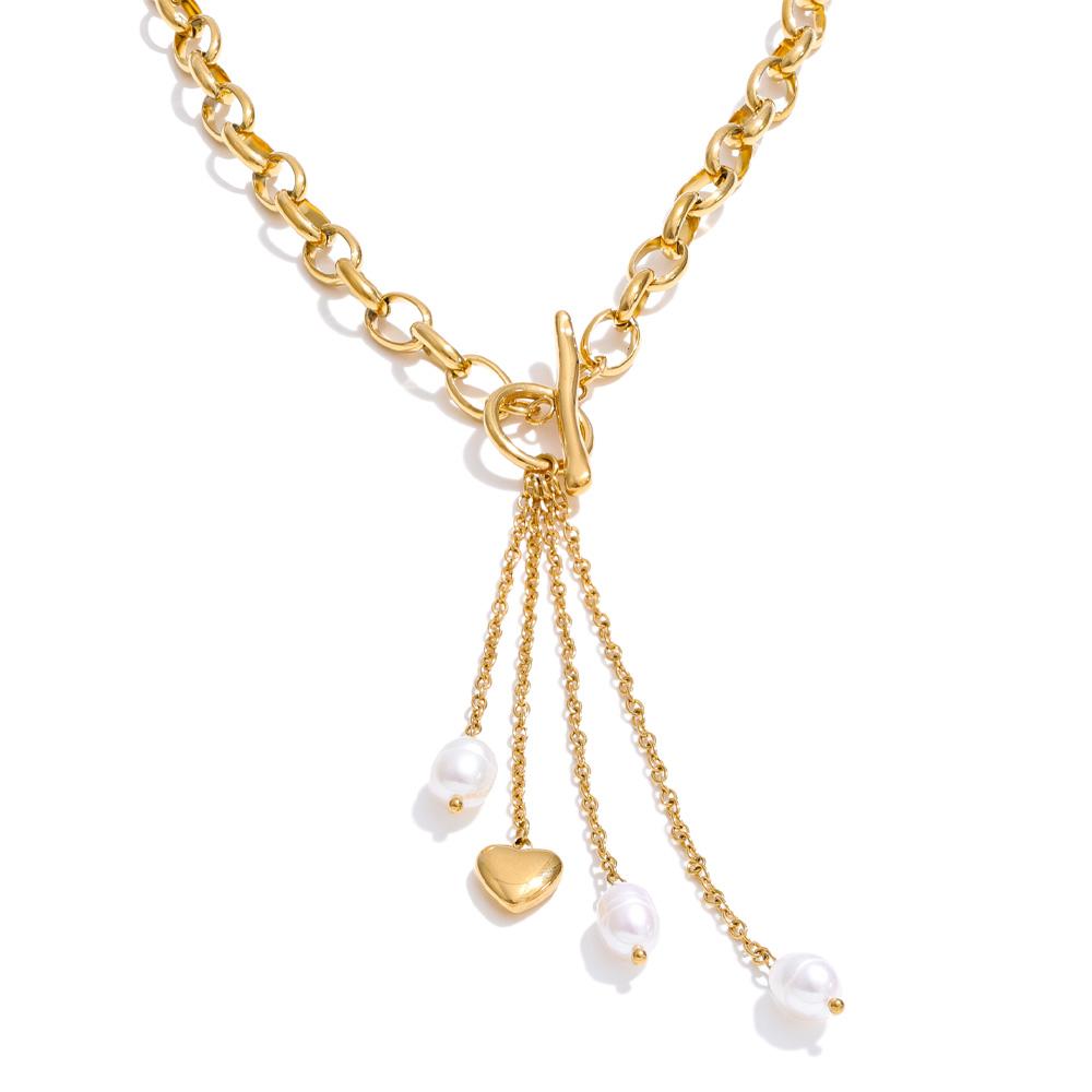 

Yhpup 2026 Stainless Steel Natural Pearl Heart Tassel Chain Drop Necklace for Women Stylish Design Charm Jewelry Gift