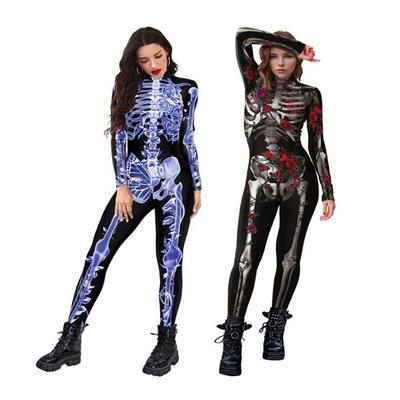 New Halloween Skeleton Rose 3D Printed Jumpsuit Women Day Of The Dead Cosplay Bodysuit Sexy Zentai Suit Carnival Party Morphsuit