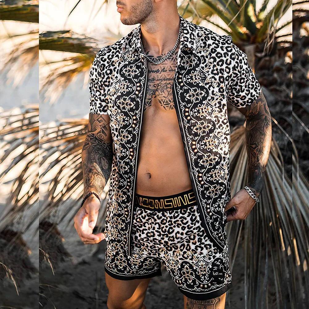 Summer Men's Fashion Leopard Print Short Sleeve Shirt And Shorts Set Beach Style T Shirt Breathable Shorts Two Piece Set