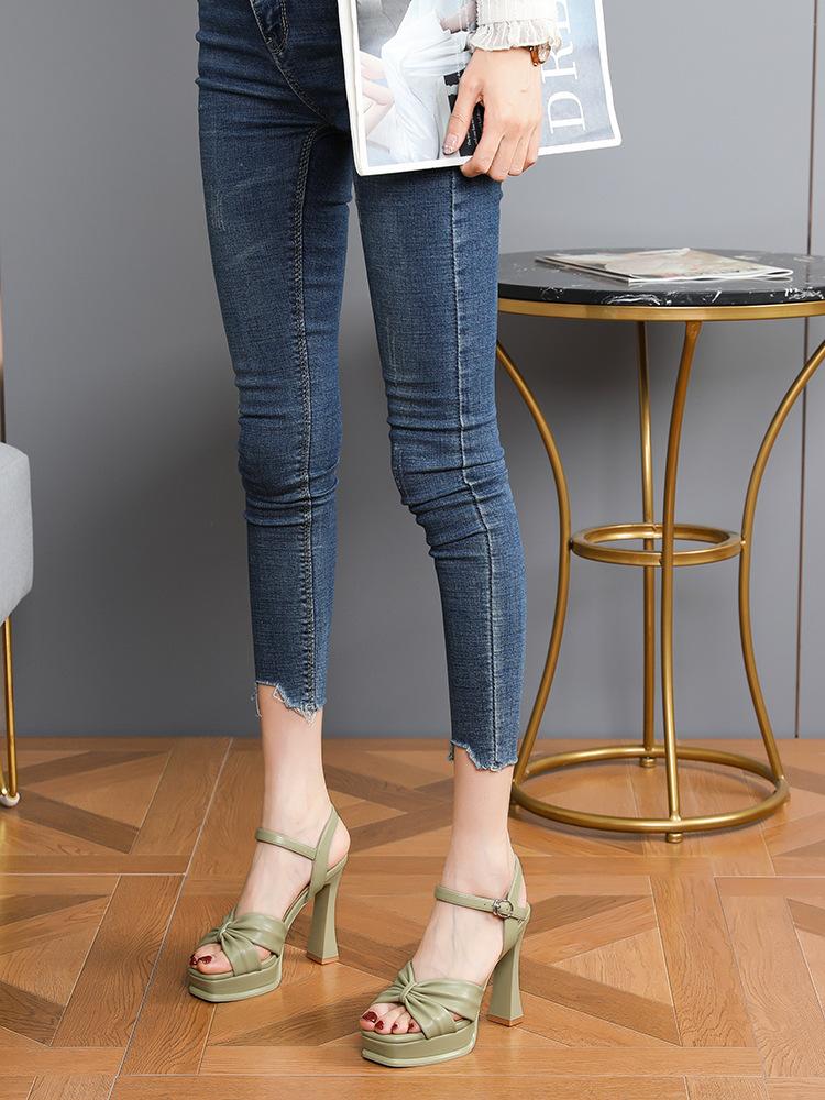 Sandals women's 2025 new summer one-word buckle high heels women's thick heel waterproof table fashionable super high heel women's shoes