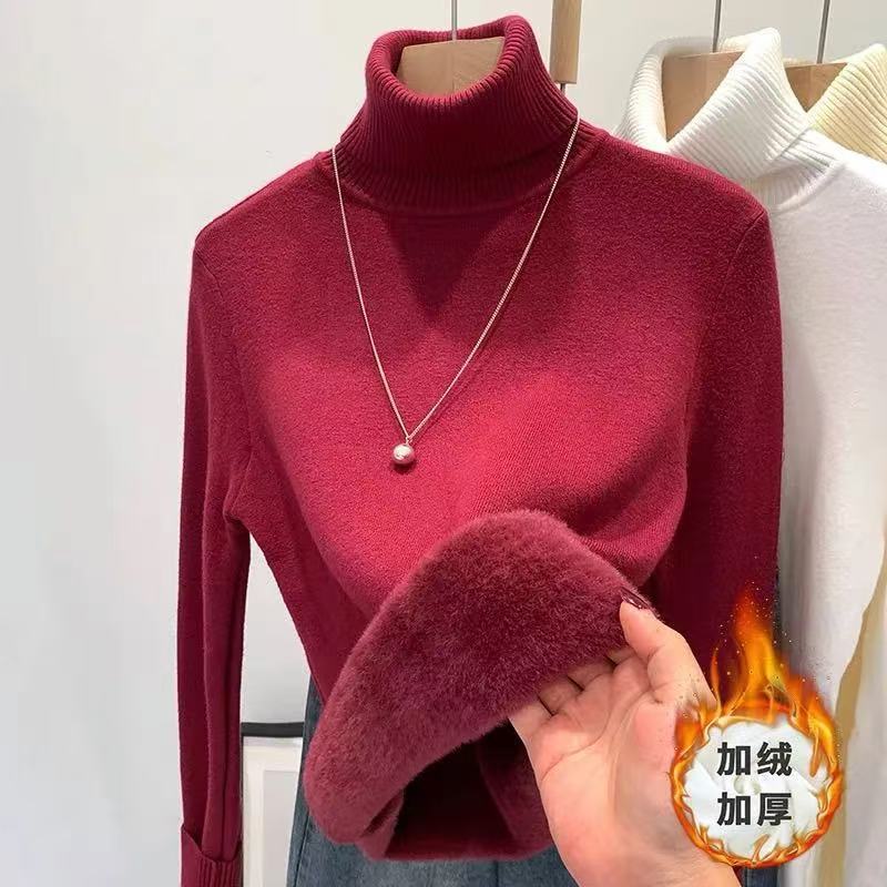 Winter High Collar Solid Color Velvet Warm Bottomed Sweater Women Simple All-match Knitting Pullover Top