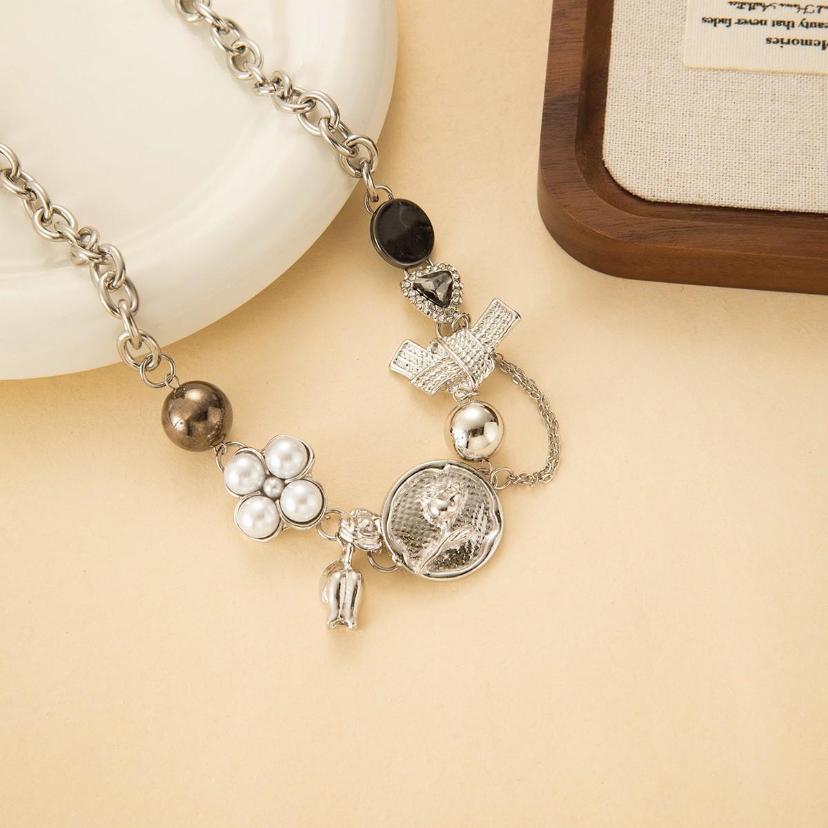 Панк Жемчужная Роза Ожерелье Тяжелая Промышленность Винтаж Spice Girl Пуговица Цепочка на Ключицу Модное Трендовое Крутая Личность Цепочка на Ключицу Ожерелье