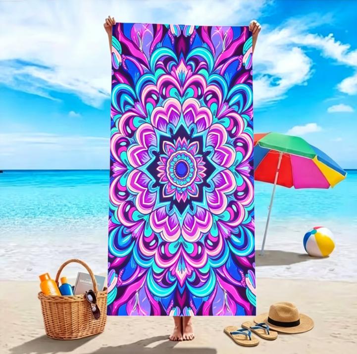 Large Microfiber Beach Towel, Colorful Mandala Print, Sand Free & Quick Dry, for Boho Style Summer Beach Use
