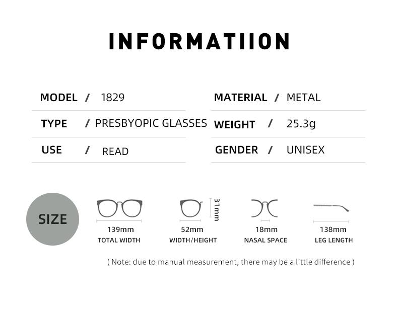 1829 Half Rim Metal Frame Presbyopia Minus 250 Blue Ray Blue Filter Supplier Glasses Women Corrective Reading Glasses