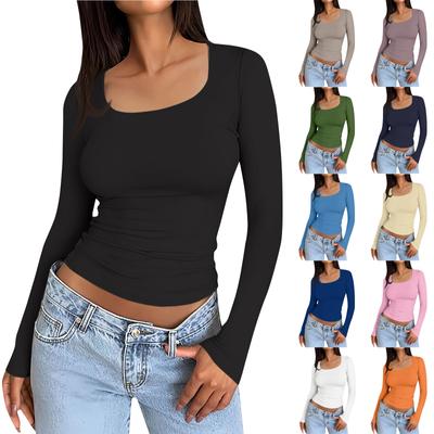 Women's Casual Fashion Square Neck Solid Color Long Sleeve T-shirt Top Pullover