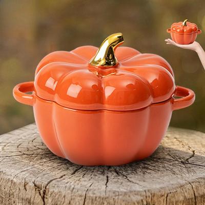 Leeseph Halloween Pumpkin Pot with Lid Pumpkin Pottery Dessert Saucepan Cute Pumpkin Casserole Ideal Gift for Halloween
