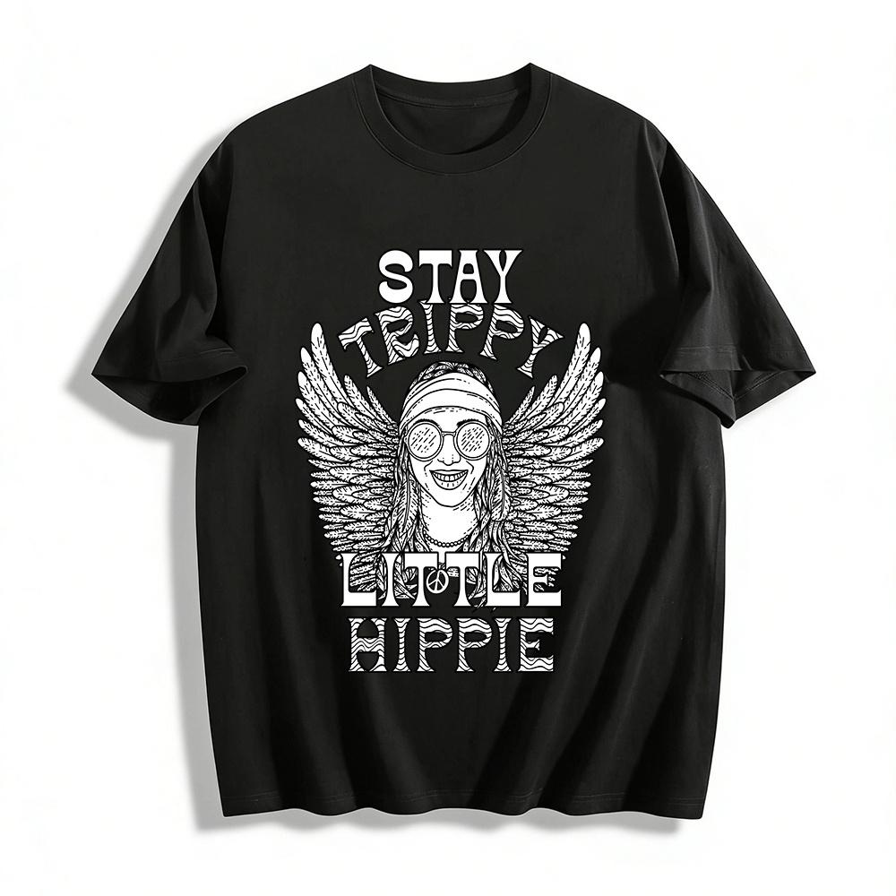 Stay Trippy Little Hippie Wing Print Retro Hippie Style Casual Tee Pure cotton T-shirt XXS
