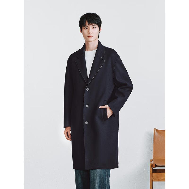 GXG Men's Navy Single-Breasted Chesterfield Wool Long Coat