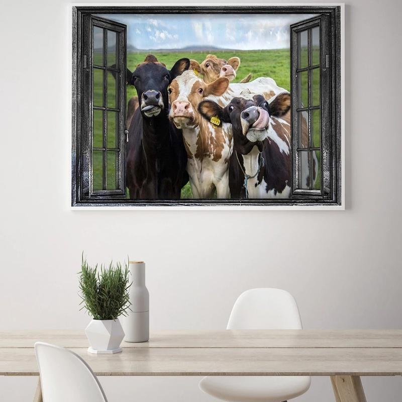 Affiche horizontale de vaches par la fenêtre, Vintage, ferme, images murales d'art, salon, chambre d'enfant, décoration de maison, toile Cuadros