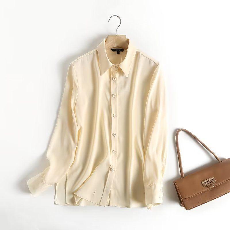 

MD Women s New Pure Color Tops Casual Satin Slim Fit Fashion Long Sleeve Shirt Female 05107642500 Champagne S