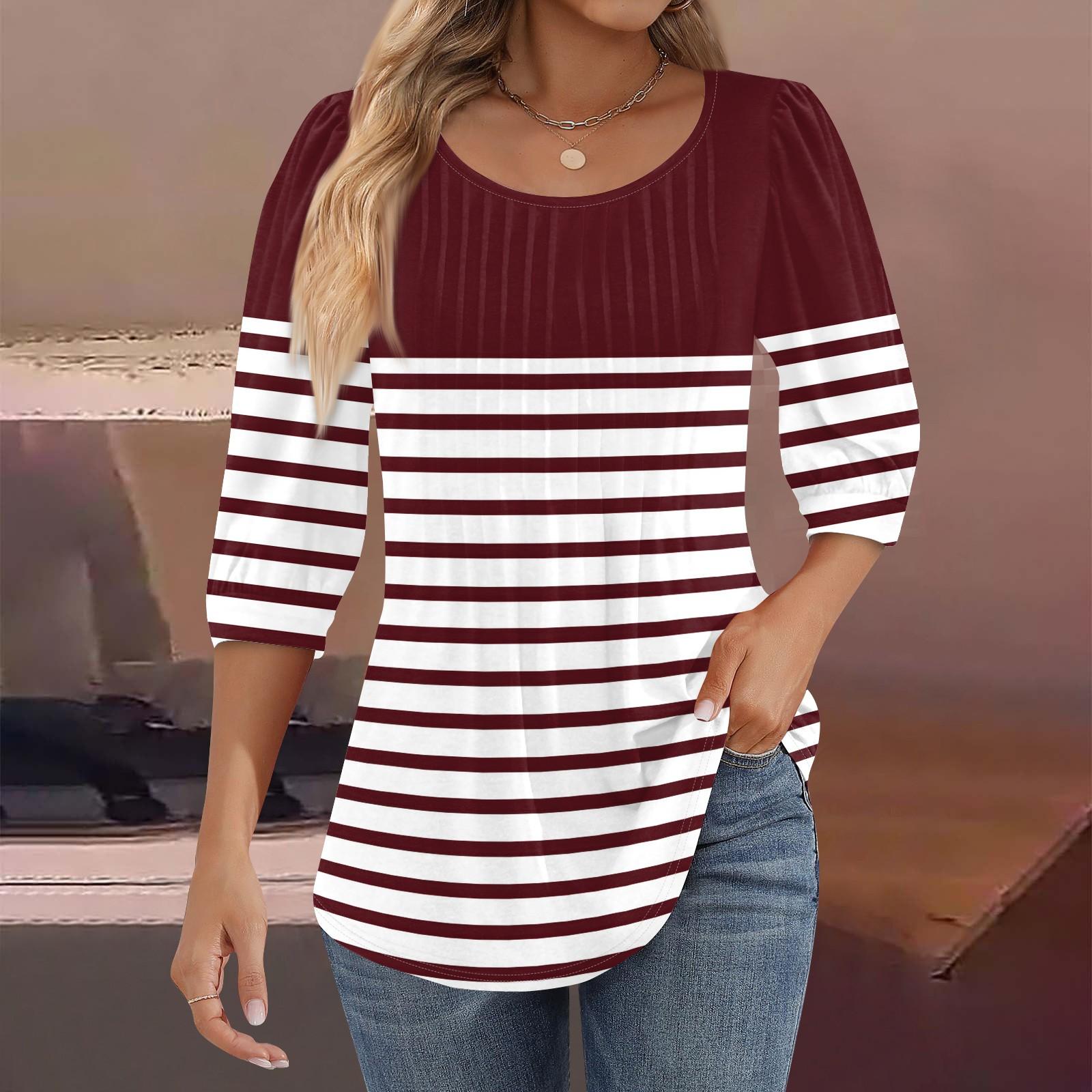

Женские туники с пышными рукавами 3/4, топы, плиссированные блузки с воротником, повседневные свободные весенне-летние футболки XXXL винный
