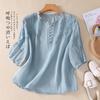 Women Summer Cotton Linen Short Sleeve Shirt Tops Round Neck Button Down Shirt Loose Embroidery Shirt