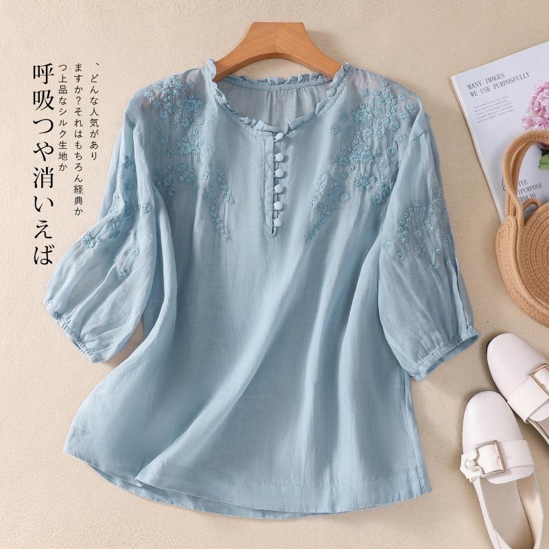 Women Summer Cotton Linen Short Sleeve Shirt Tops Round Neck Button Down Shirt Loose Embroidery Shirt