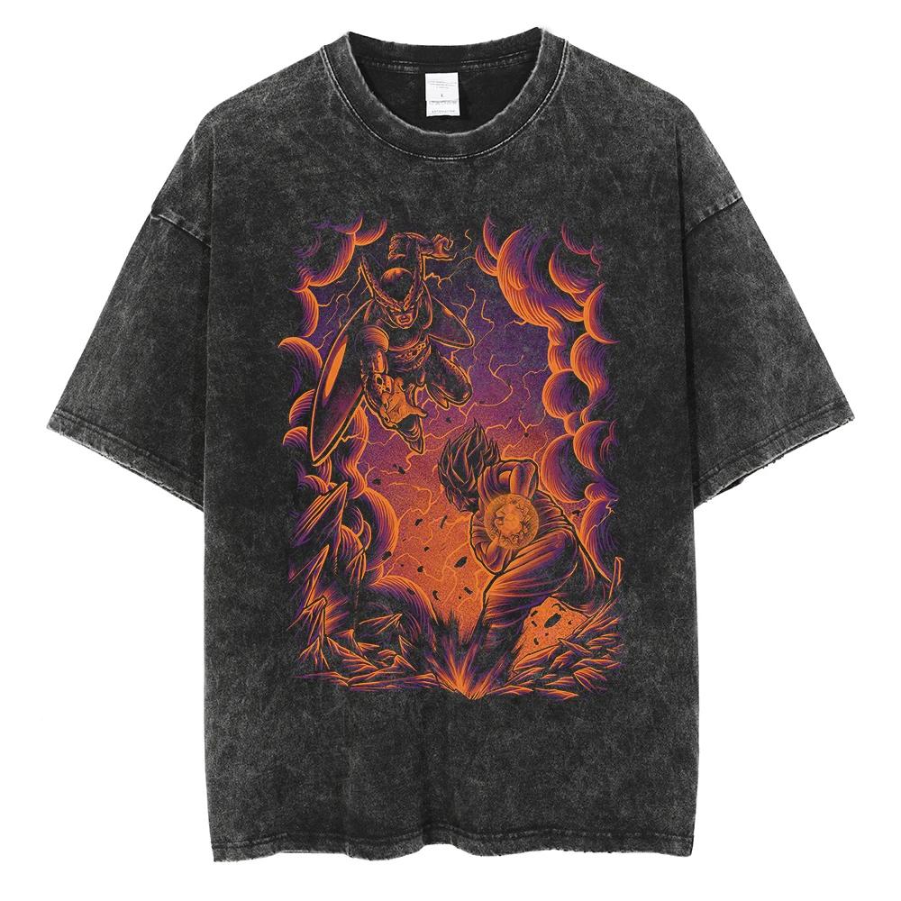 Dragon Ball Cartoon Pattern Cotton T-shirt Version Cotton Summer Black Washed T-shirt Men's Style