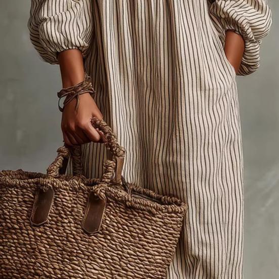 Women's Off Shoulder Maxi Dress Striped Puff 3/4 Sleeve Long Dress Summer Beach Vacation Sundress with Pockets