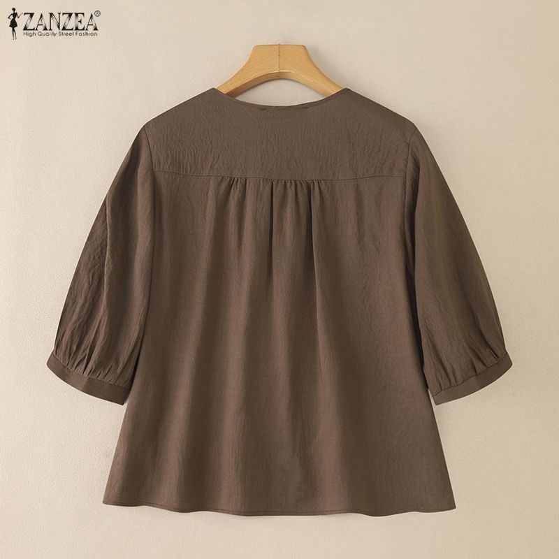ZANZEA Women Casual V-Neck Solid Color Summer Half Sleeve Blouse