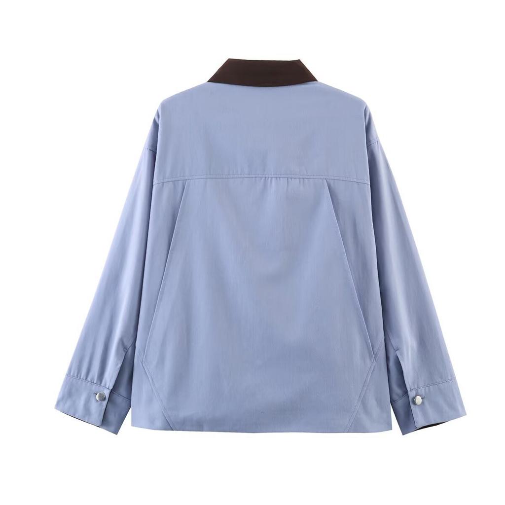 2026 spring new product European and American cross-border women's clothing street fashion blue splicing collar jacket w107 8885