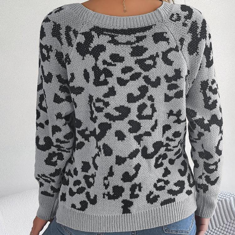 Vintage Leopard Color Cardigan Knitwear Long Sleeve Loose Sweater O Neck Top for Autumn Winter