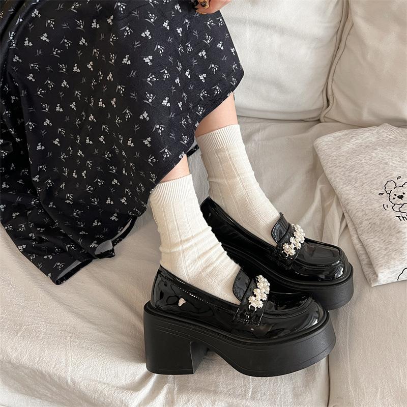 White British style thick heel platform small leather shoes women's new autumn skirt pearl Mary Jane single shoes