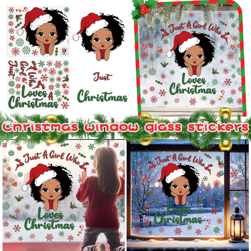 Christmas Window Sticker, Black Girl, Children's Room Wall Sticker, PVC Self-adhesive Material, Festive Atmosphere, Snowflake Window Sticker