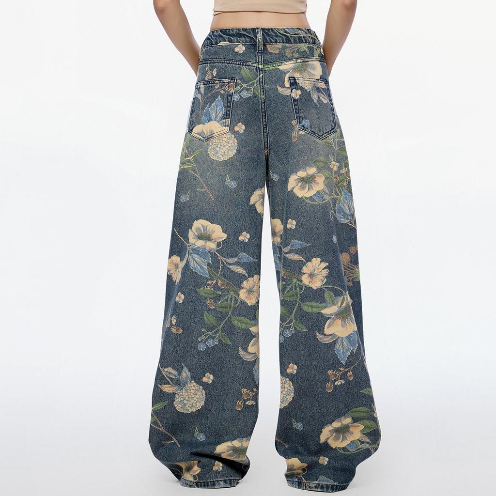 Damskie Retro Luźne Jeansy z Kwiatowym Wzorem