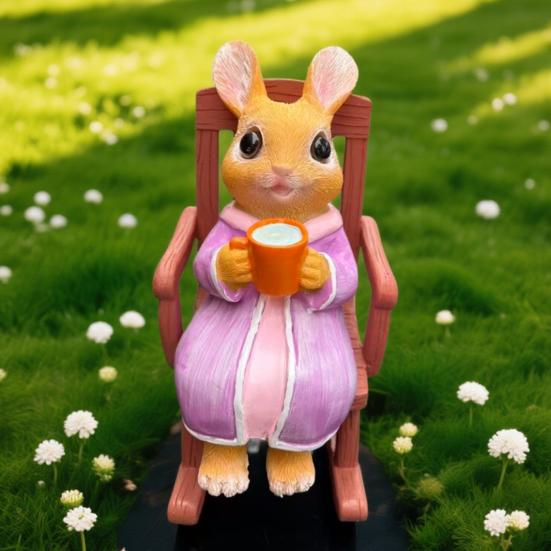 Rocking Chair Rabbit Figurine Holding Cup Cartoon Sitting Bunny Resin Statue Animal Sculpture Indoor Outdoor Garden Decoration