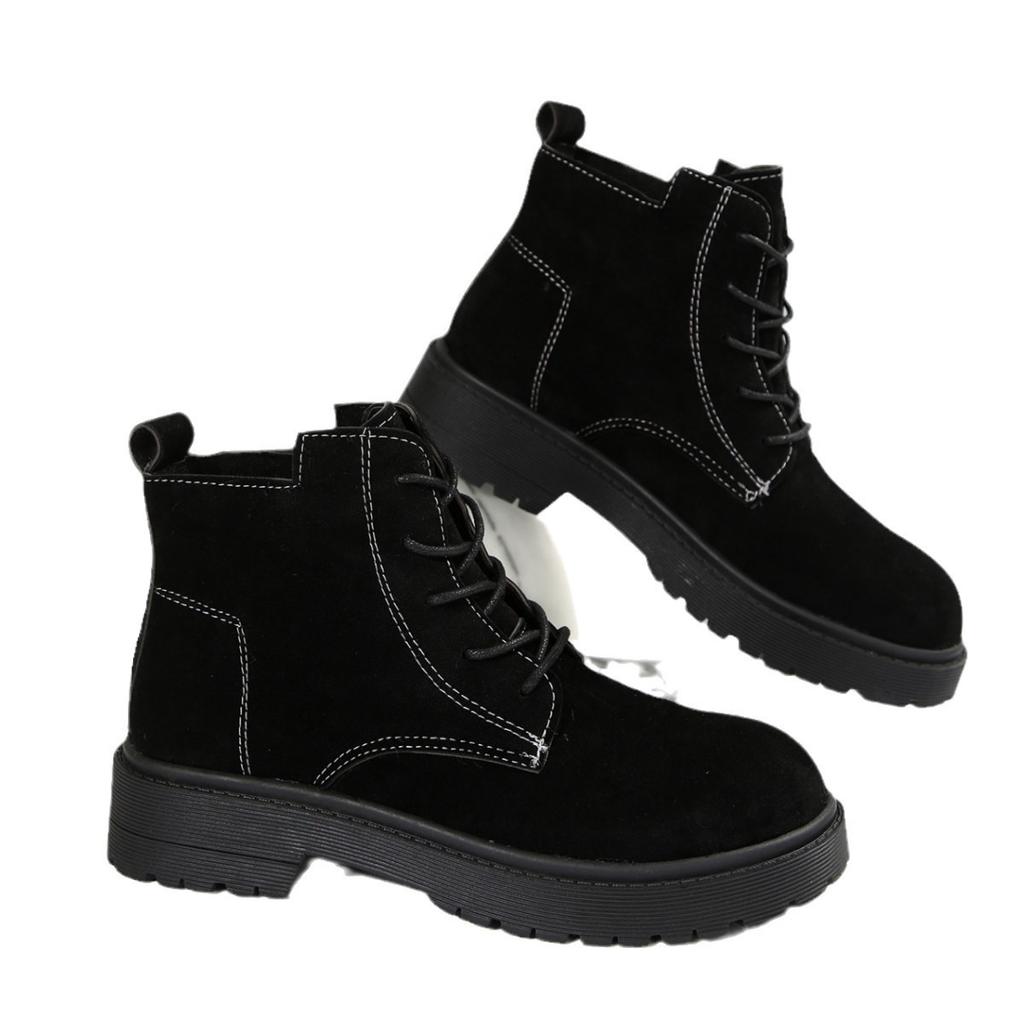 2024 New Winter Fleece Frosted Leather Martin Boots Women's British Flat Bottom Short Boots Soft Leather Boots