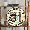 Raccoon Washing Hands Metal Sign Vintage Round Wall Art Rustic Iron Decor