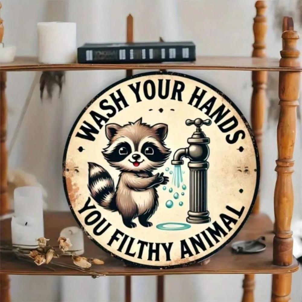 Raccoon Washing Hands Metal Sign Vintage Round Wall Art Rustic Iron Decor