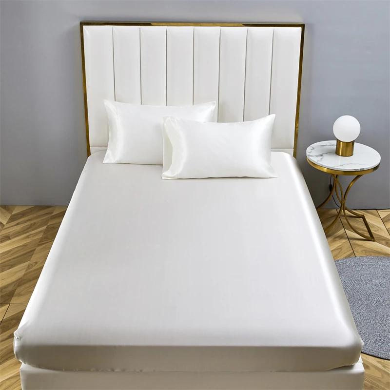 High-end Satin Queen Fitted Sheet Silky King Size Bed Sheet with Elastic Band Bedsheet Mattress Protector Cover No Pillowcase