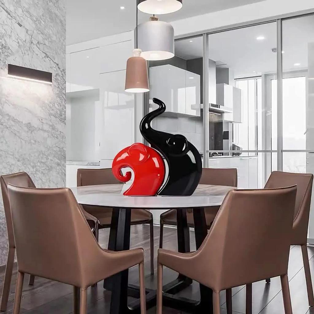 Home Decor Lucky Charm Elephant Couple | Piano Finish Ceramic Figures- (Set of 2 Piece, Red & Black)