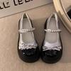 Bow Round Head Thick Sole Color Matching Small Leather Shoes Women's Summer New Pearl One-word Buckle Mary Jane Shoes