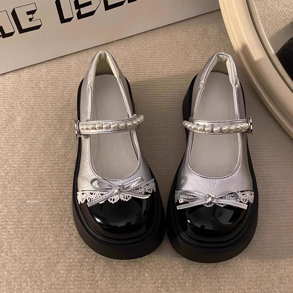 Bow Round Head Thick Sole Color Matching Small Leather Shoes Women's Summer New Pearl One-word Buckle Mary Jane Shoes