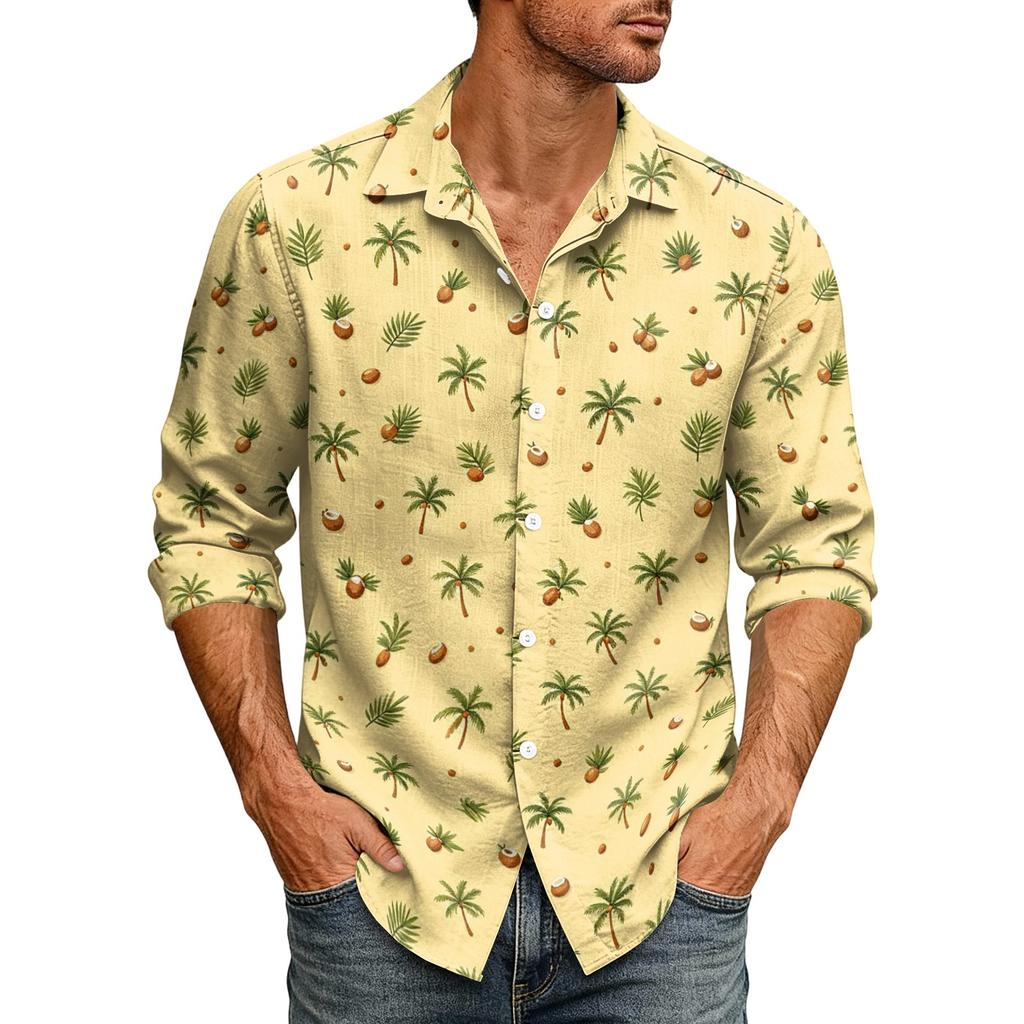 Men's Hawaiian Loose Fit Long Sleeve Shirt with Classic Collar Vintage Casual Button Down Shirt Suitable for Spring and Autumn Wear