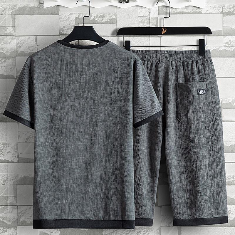 Men's Summer Ice Silk Suit   Loose  Leisure Sports Suit Men's Short-sleeved  Pants Two-piece Set