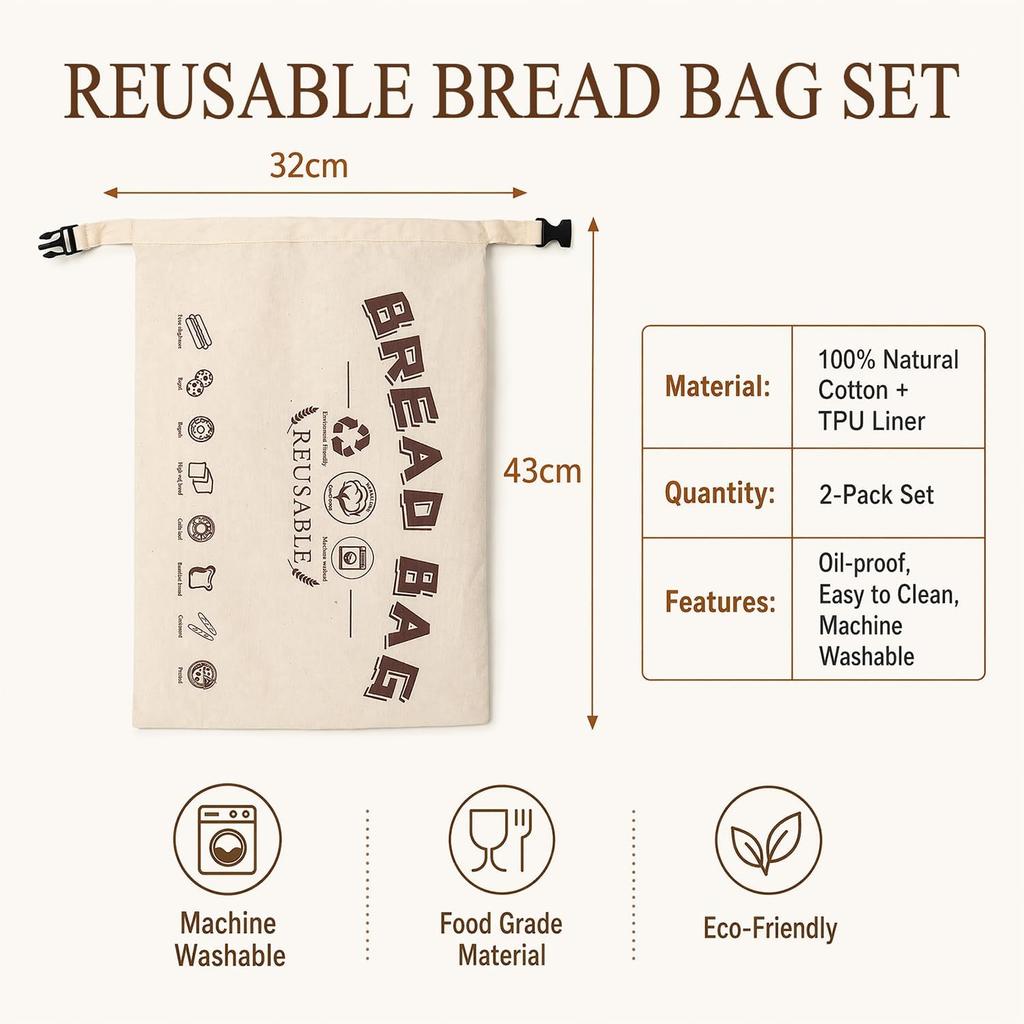 2 Pieces of Beeswax, Bread Bags 42x33cm, Made from Organic Cotton and Natural Beeswax, Reusable Bread Bag To Keep Order for Sourdough