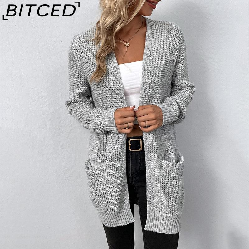 BITCED Autumn/Winter Women's Knitwear Solid-Colour Pocket Cardigan Sweater