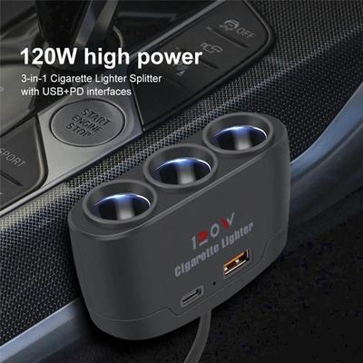 3 In 1 Dual USB Socket 120W Car Cigarette Lighter Splitter 12V 24V Fast Charger Plug Phone Power Adapter for Car DVR GPS Dashcam