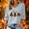 Women's Casual V-Neck Halloween Print Three-Quarter Sleeve Blouse for Halloween Party